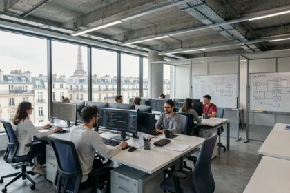 Vue panoramique d'un open space informatique parisien avec des équipes IT au travail sur des postes de développement et d'infrastructure