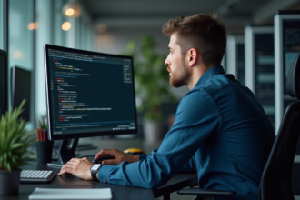 Jeune homme en informatique travaillant à son bureau