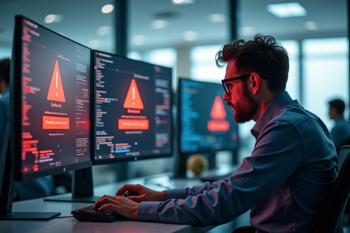 Professionnel informatique frustré devant des écrans d'alerte