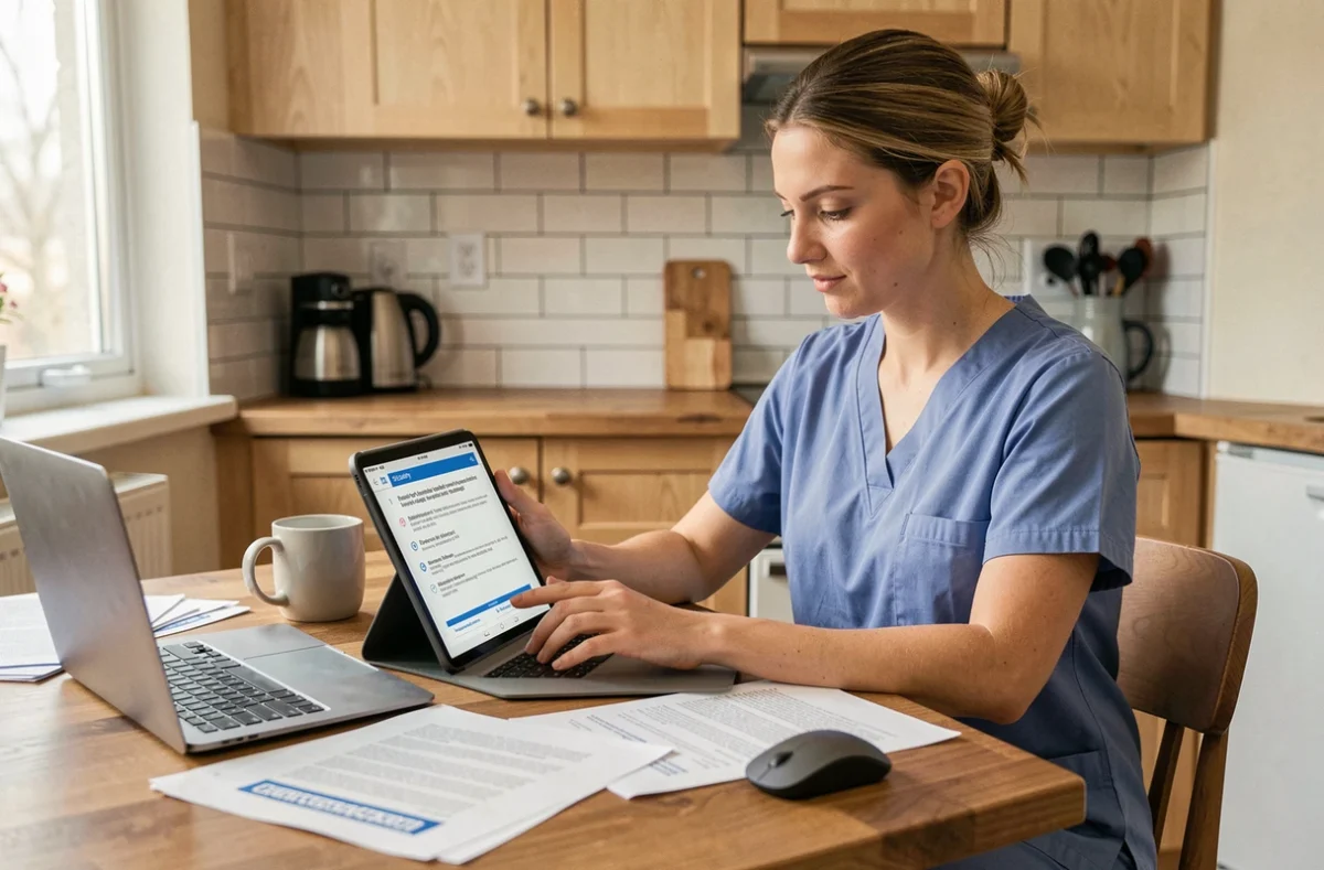 Professionnelle de santé en télétravail consultant des bonnes pratiques de cybersécurité pour sa messagerie APHP sur tablette