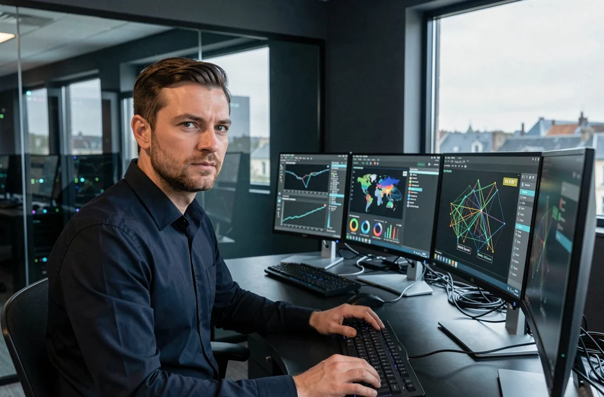 Analyste en cybersécurité travaillant sur des tableaux de bord de surveillance réseau dans un centre informatique moderne à Vannes, représentant Provectio