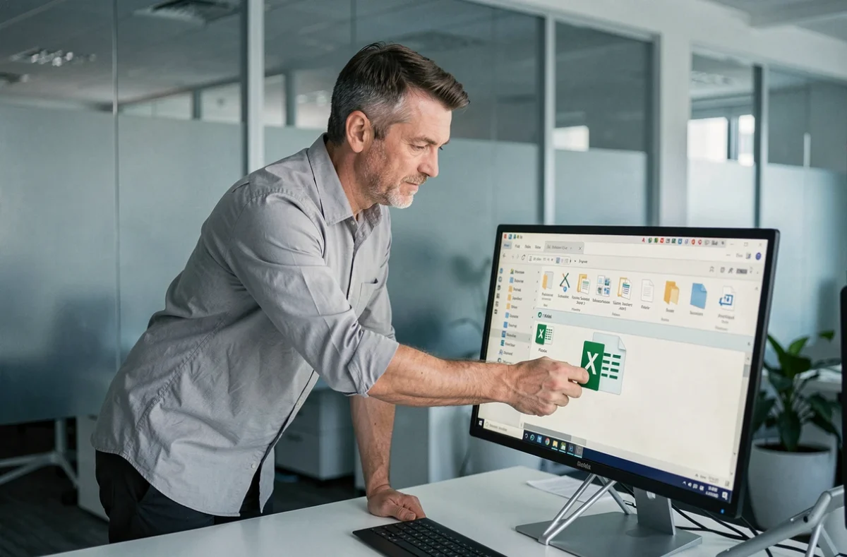 Homme faisant glisser un fichier Excel vers le bureau Windows pour créer un raccourci dans un open space professionnel