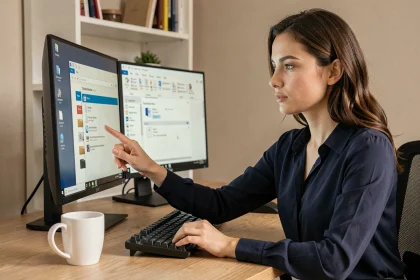 Femme créant un raccourci bureau vers un fichier Word sur un ordinateur Windows dans un bureau moderne