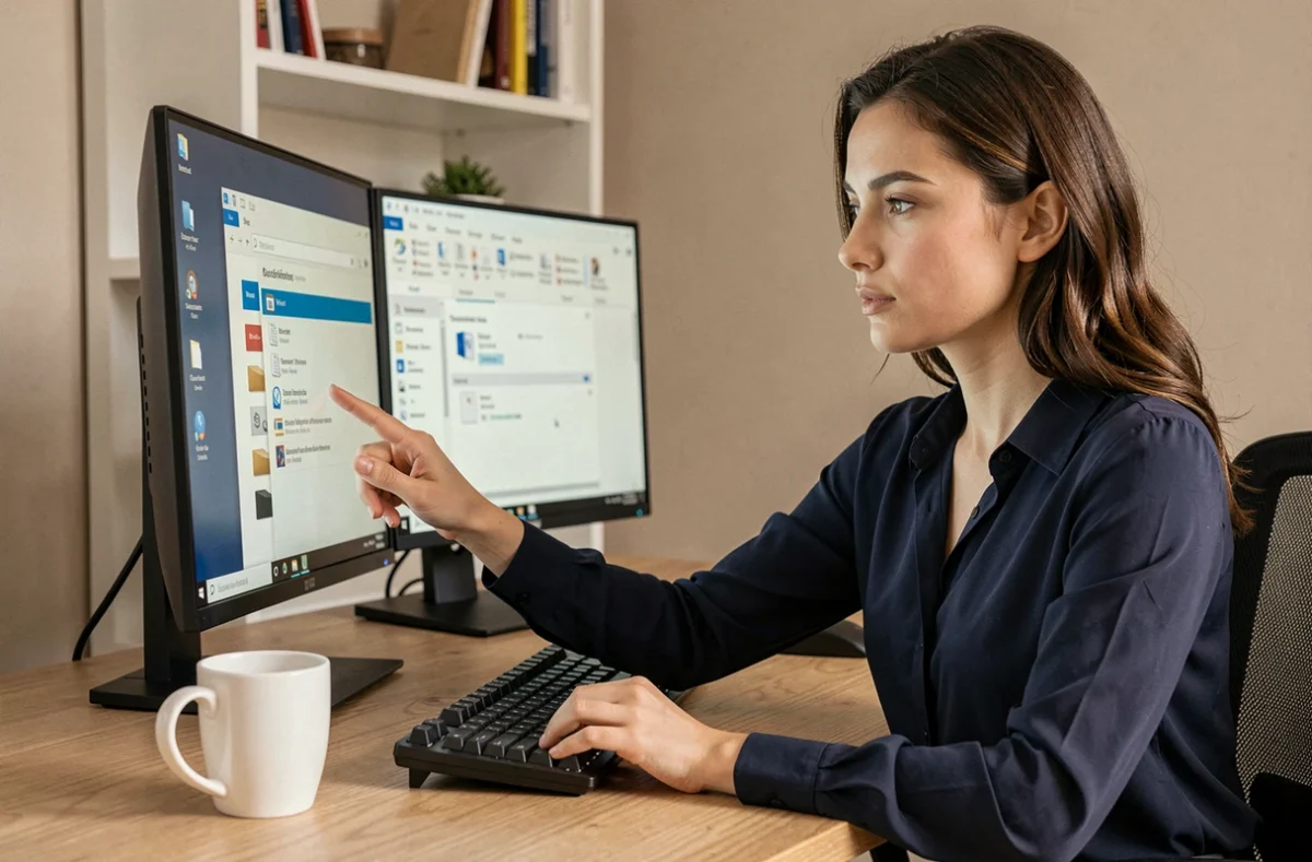 Femme créant un raccourci bureau vers un fichier Word sur un ordinateur Windows dans un bureau moderne