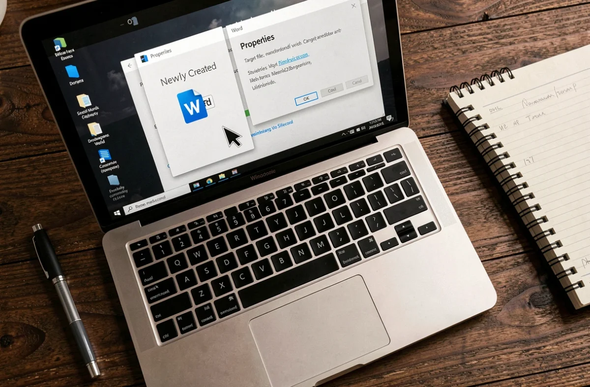 Vue aérienne d'un bureau d'ordinateur Windows avec un raccourci fichier Word et la fenêtre Propriétés affichant le chemin cible