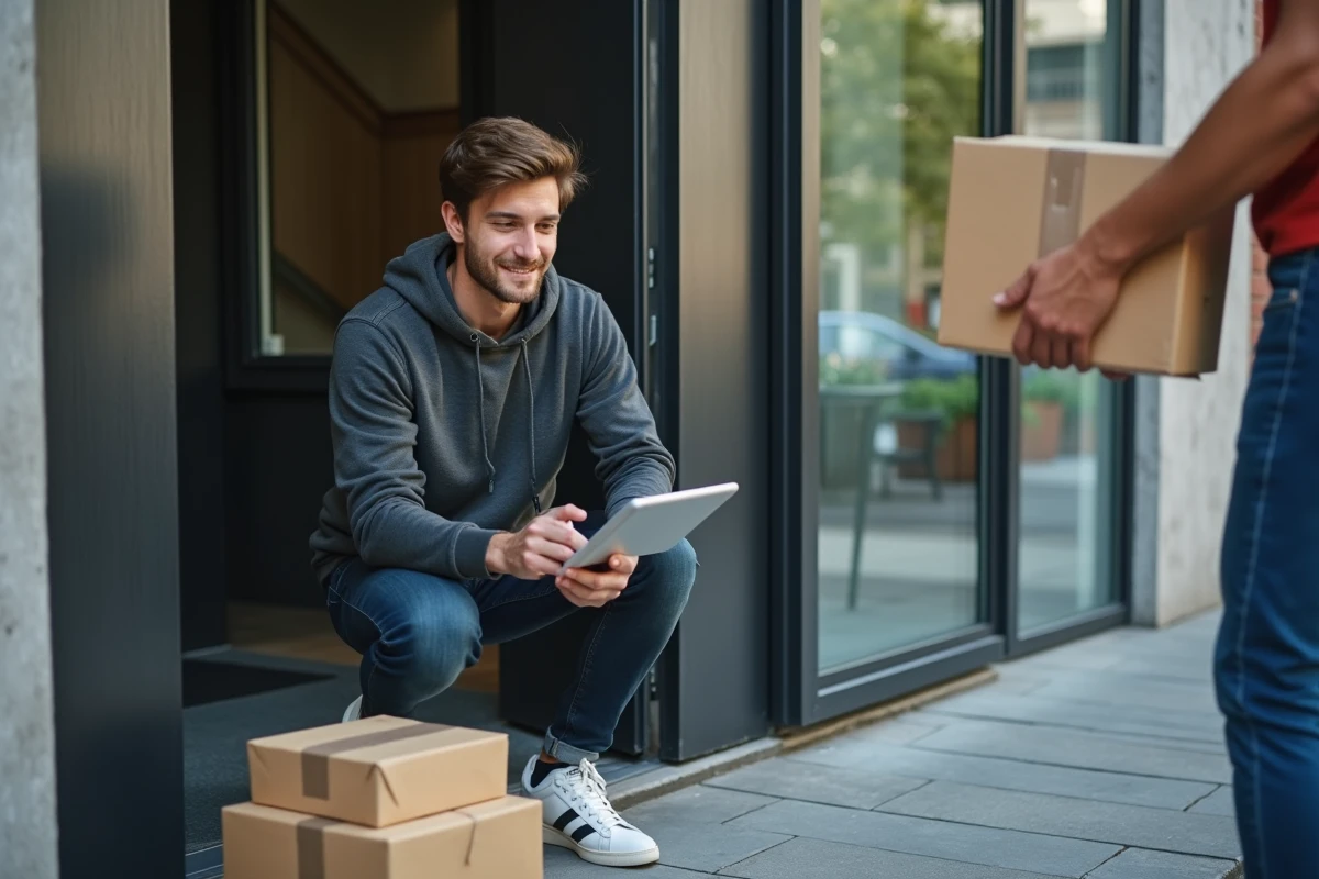 Homme réceptionnant des colis à la porte de son immeuble urbain avec signature numérique