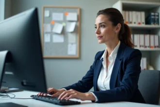 Femme administratrice configurant les paramètres d'accès à un intranet académique sur ordinateur de bureau dans un bureau institutionnel