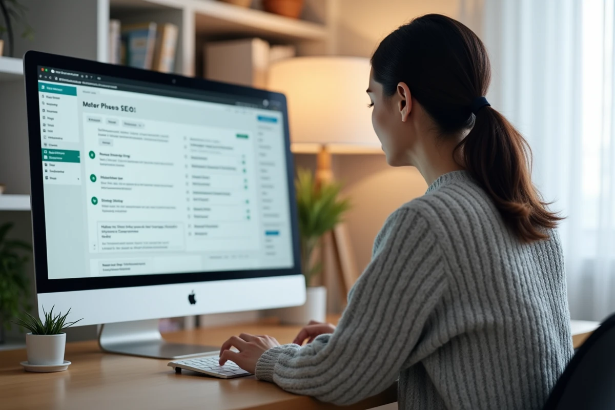 Femme configurant les réglages SEO d'un plugin WordPress sur un grand écran de bureau dans un bureau à domicile moderne