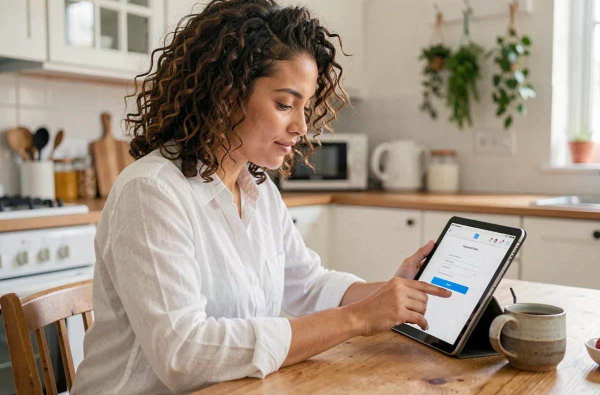 Jeune femme réinitialisant son mot de passe sur la messagerie webmelanie2 depuis une tablette à la maison