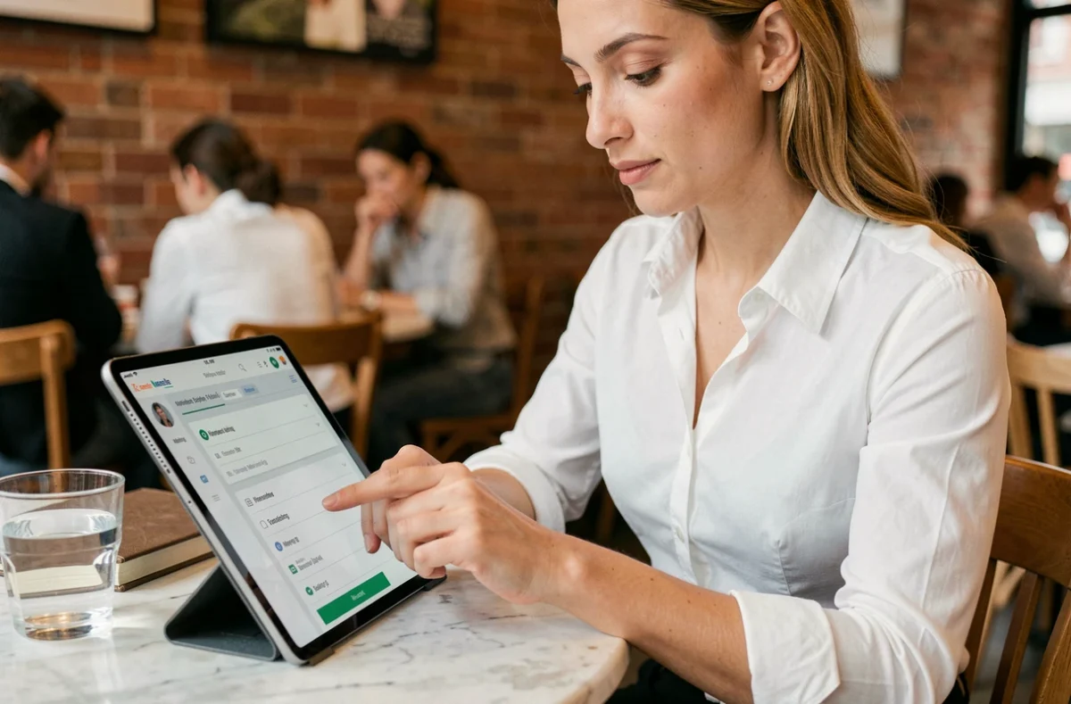 Femme consultant les paramètres de renvoi d'e-mails sur tablette dans un café urbain