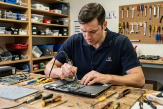 Technicien réparateur d'ordinateur travaillant sur une carte mère dans un atelier informatique des Hauts-de-France