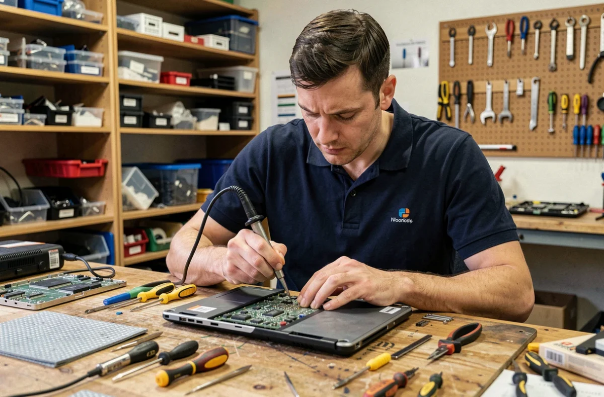 Technicien réparateur d'ordinateur travaillant sur une carte mère dans un atelier informatique des Hauts-de-France