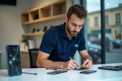 Technicien réparant un écran de smartphone dans une boutique de réparation téléphone à Montpellier