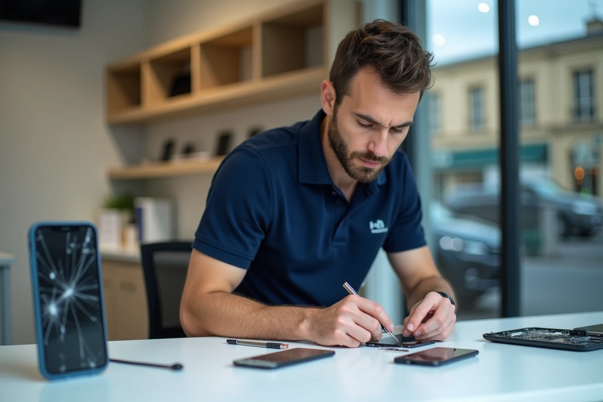 Technicien réparant un écran de smartphone dans une boutique de réparation téléphone à Montpellier