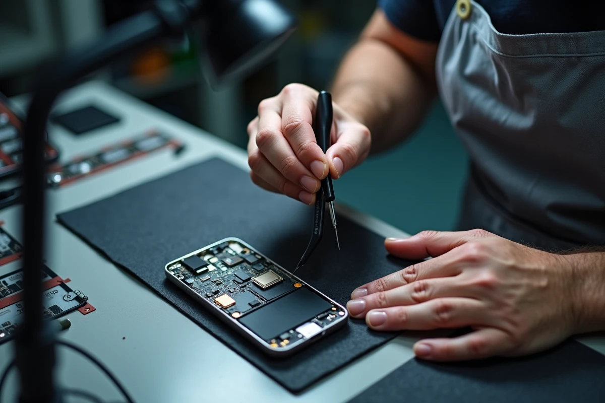 Technicien remplaçant la batterie d'un smartphone ouvert lors d'une réparation rapide à Montpellier