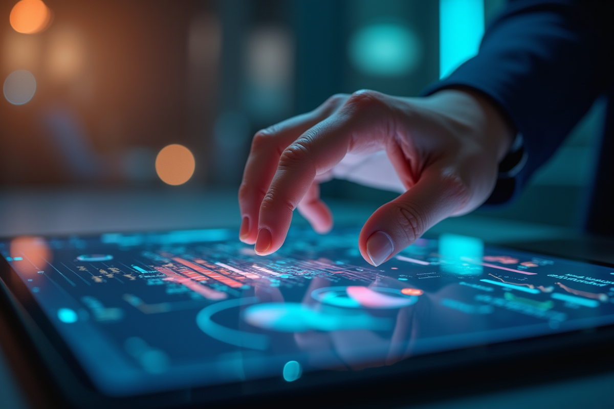 Main tournant une roue digitale sur écran tactile avec visualisations