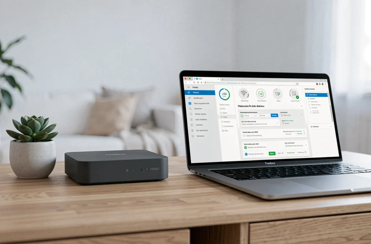 Routeur Freebox et ordinateur portable affichant l'interface Freebox OS dans un salon scandinave minimaliste