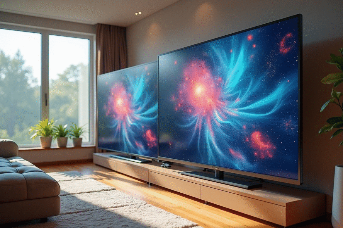 Salon moderne avec deux grands téléviseurs ultrahd et hd