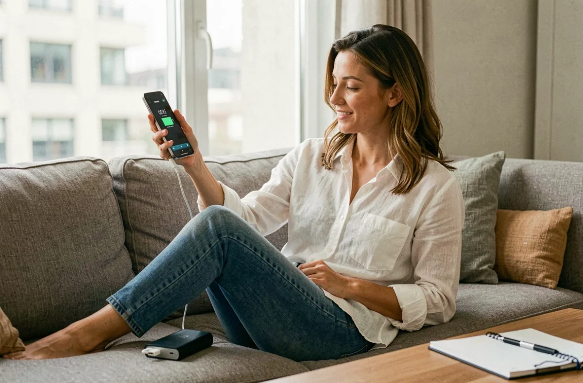 Femme testant l'autonomie du Samsung Galaxy S23 sur canapé avec batterie externe connectée en USB-C