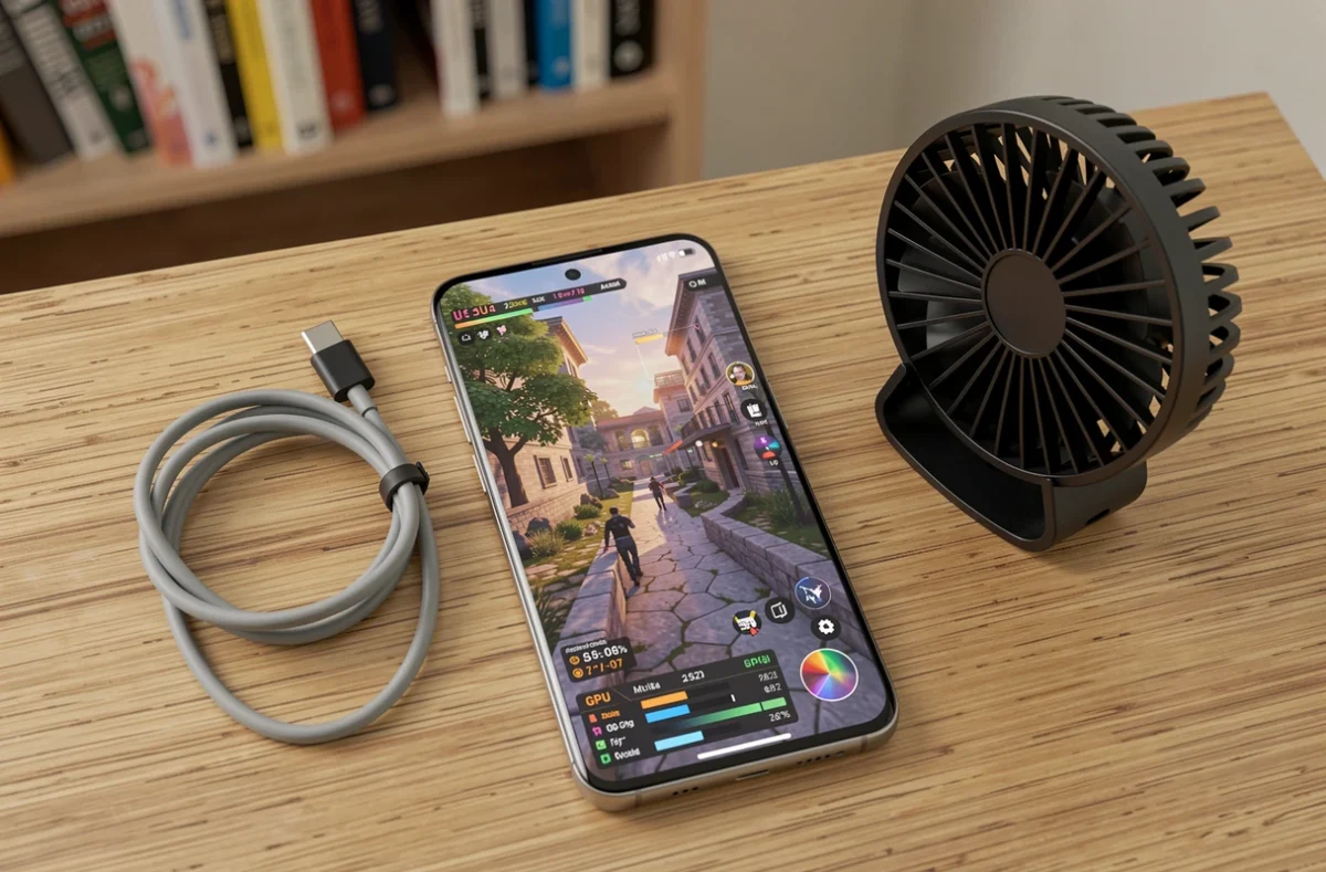 Samsung Galaxy S23 posé sur un bureau en bois avec ventilateur portable illustrant la gestion de la chauffe en gaming