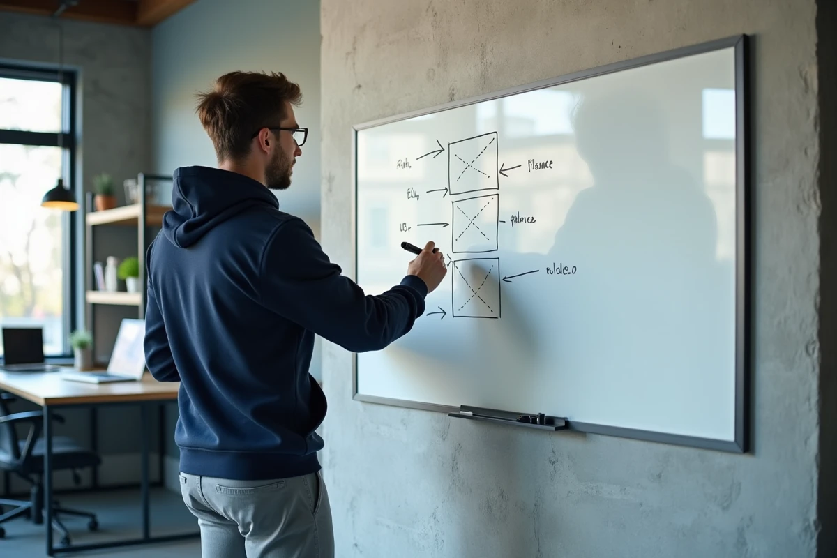 Développeur dessinant un schéma de positionnement CSS relatif et absolu sur un tableau blanc dans un espace de coworking
