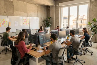 Bureau moderne de développement logiciel dans les Bouches-du-Rhône avec des professionnels travaillant sur des postes informatiques