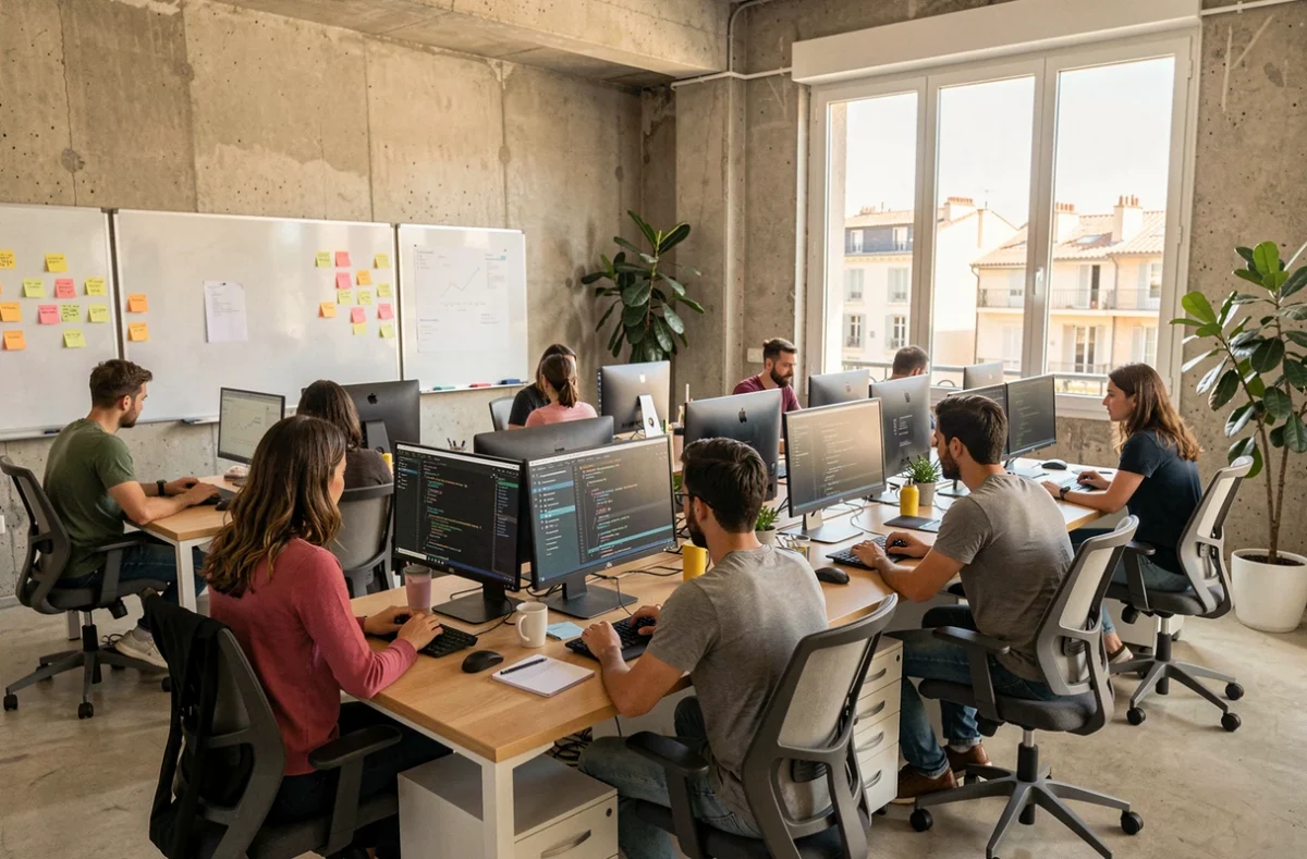 Bureau moderne de développement logiciel dans les Bouches-du-Rhône avec des professionnels travaillant sur des postes informatiques