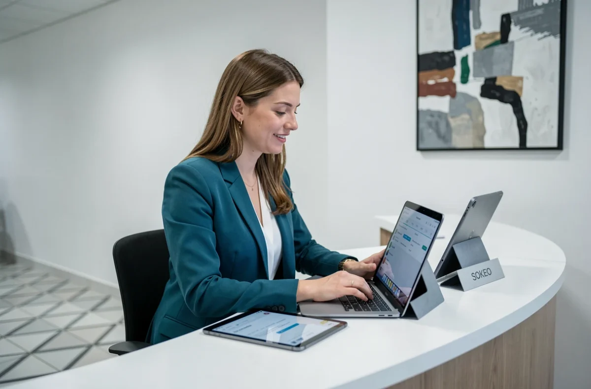 Chargée de projet SOKEO consultant un interface de gestion client dans une agence numérique professionnelle