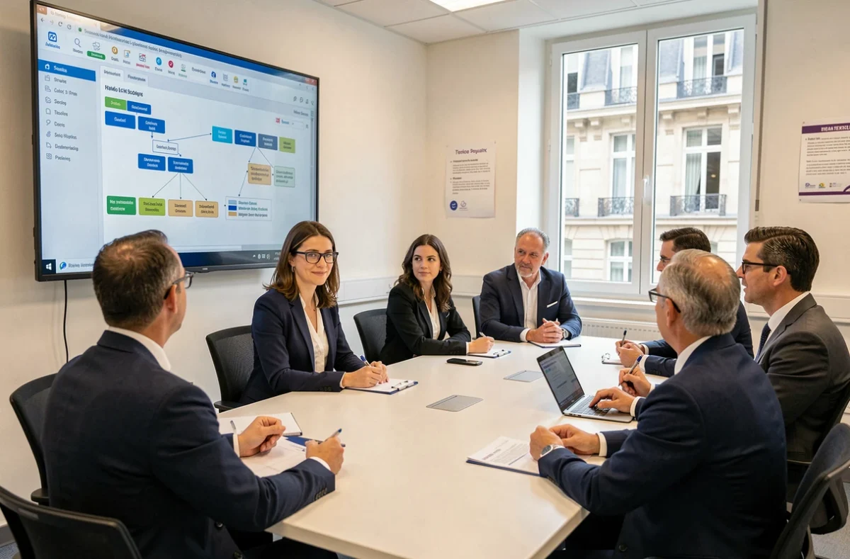 Consultante IT présentant un système d'information de santé à une équipe du secteur public dans une salle de réunion hospitalière parisienne