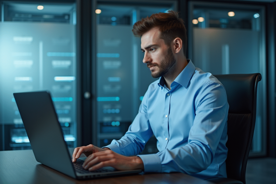 Homme en chemise bleue vérifiant une sauvegarde de données
