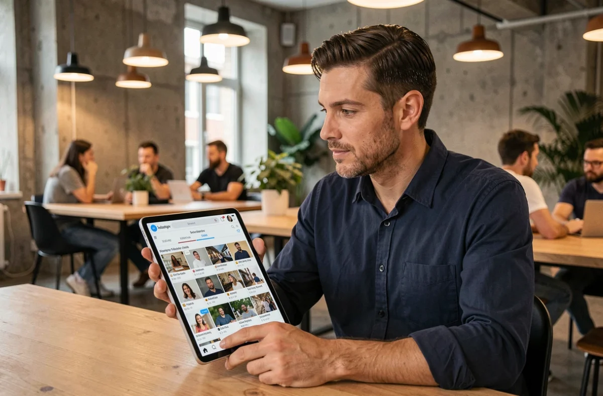 Homme consultant les statistiques d'un profil Instagram sur tablette dans un espace de coworking