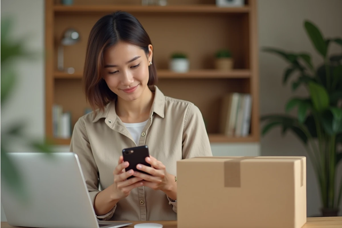 Femme consultant le suivi de colis COLIX sur smartphone dans un bureau à domicile moderne