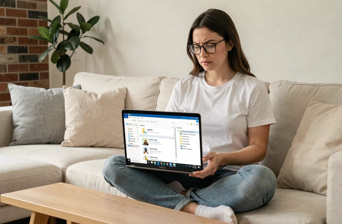 Femme supprimant manuellement les fichiers résiduels de BakkesMod depuis l'explorateur de fichiers Windows sur un ordinateur portable