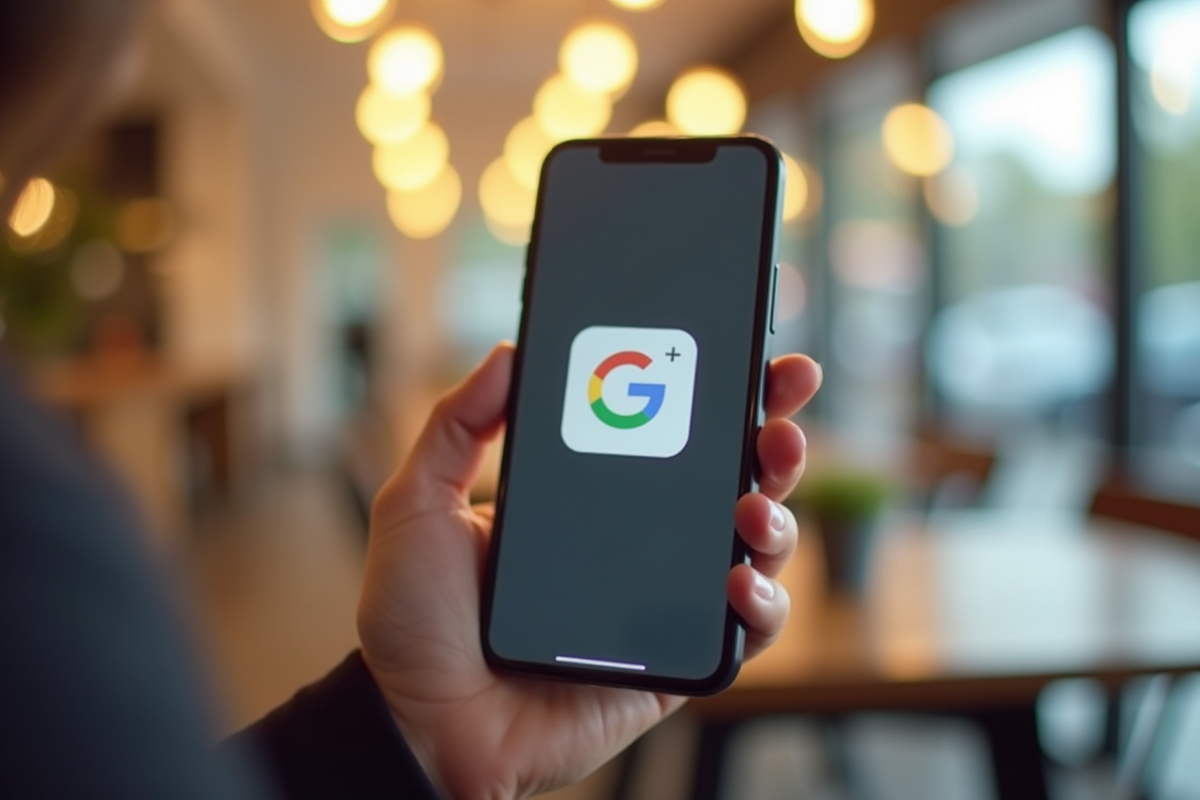 Smartphone en main supprimant l application Google Plus dans un café lumineux