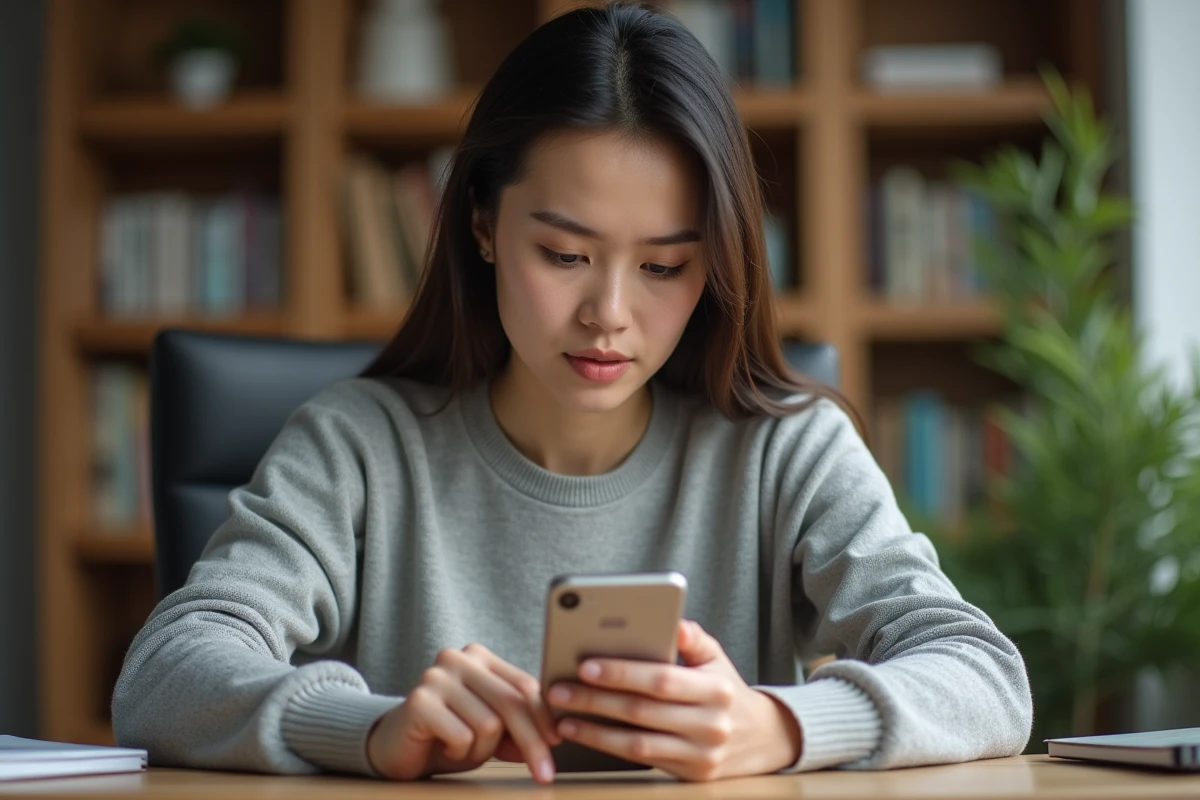Jeune femme sélectionnant du texte dans une conversation WhatsApp sur son smartphone pour simuler un surlignage