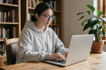 Jeune femme utilisant un ordinateur portable pour un tchat anonyme sécurisé depuis son bureau à domicile
