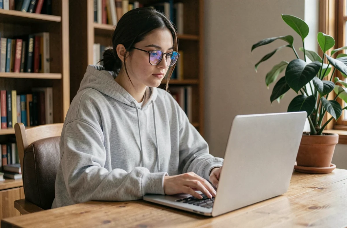 Jeune femme utilisant un ordinateur portable pour un tchat anonyme sécurisé depuis son bureau à domicile