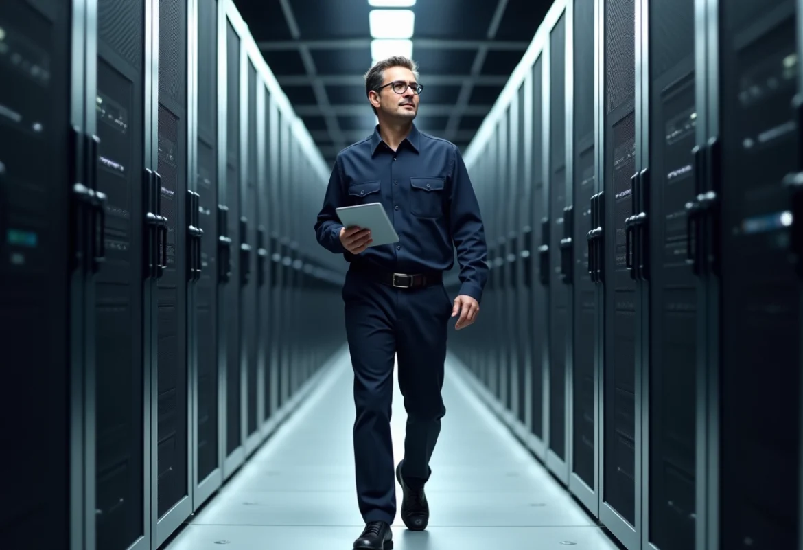Technicien informatique français dans un centre de données moderne