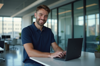 Jeune technicien informatique configure un routeur 5G moderne