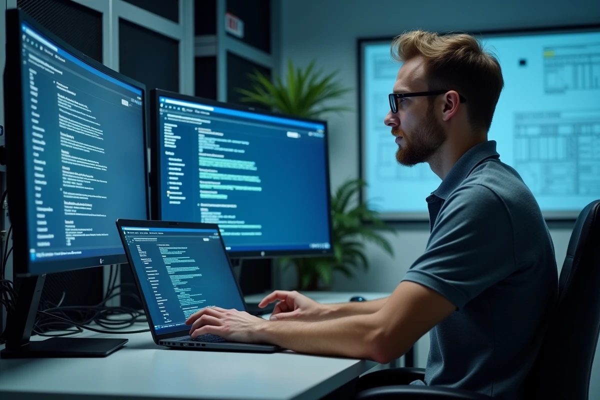 Technicien informatique configurant les paramètres réseau d'un intranet académique dans une salle de support technique