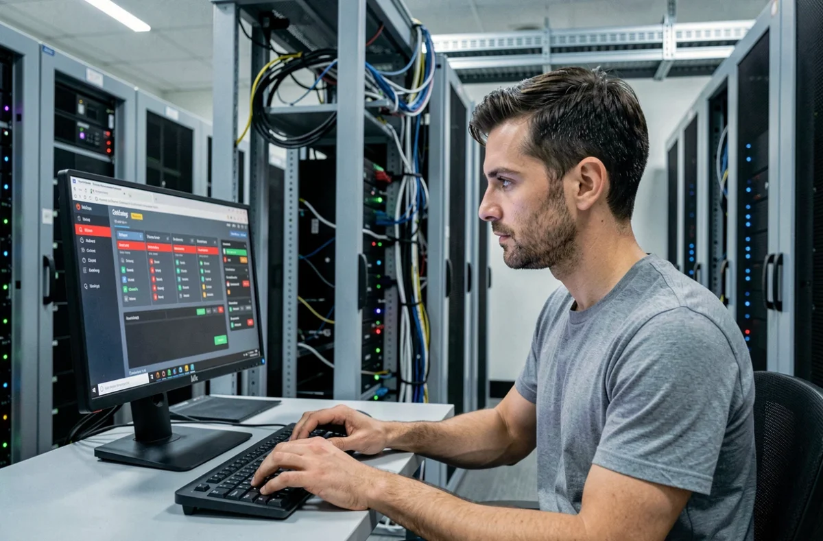 Technicien informatique vérifiant l'état du serveur de messagerie universitaire dans une salle de serveurs