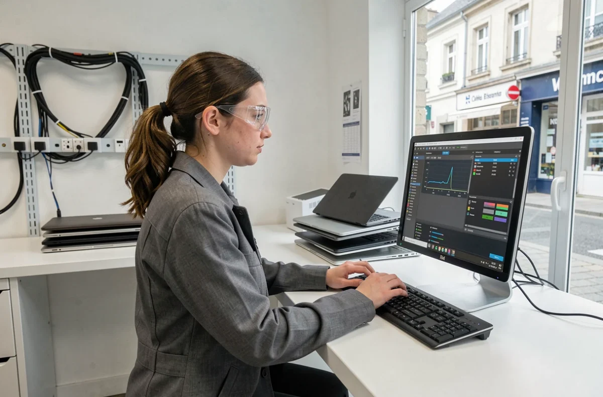 Technicienne informatique effectuant un diagnostic sur un ordinateur dans une boutique de réparation moderne dans les Hauts-de-France