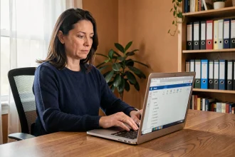Femme en télétravail consultant sa messagerie sécurisée APHP sur un ordinateur portable depuis son bureau à domicile