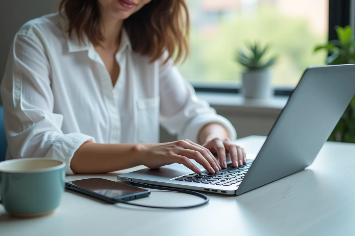 Femme transférant un fichier APK depuis un ordinateur vers un téléphone Android par câble USB