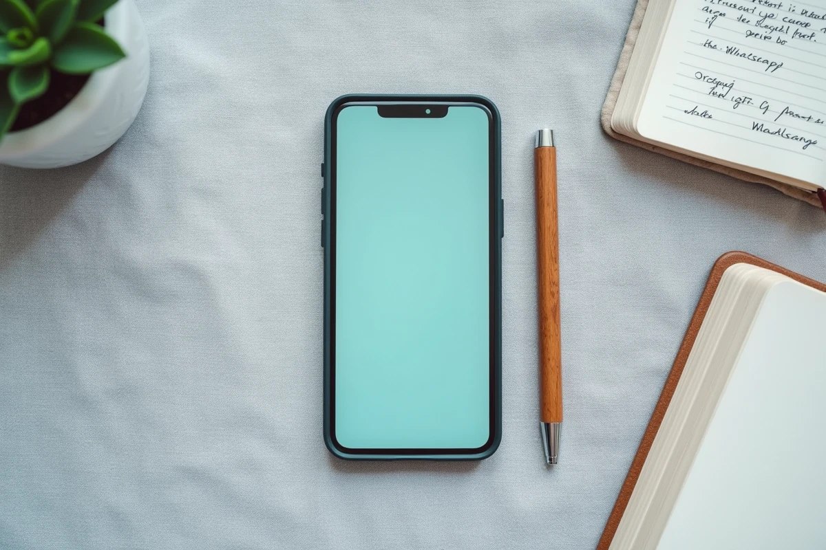 Vue aérienne d'un smartphone affichant une conversation WhatsApp avec du texte formaté en gras et italique sur un bureau minimaliste
