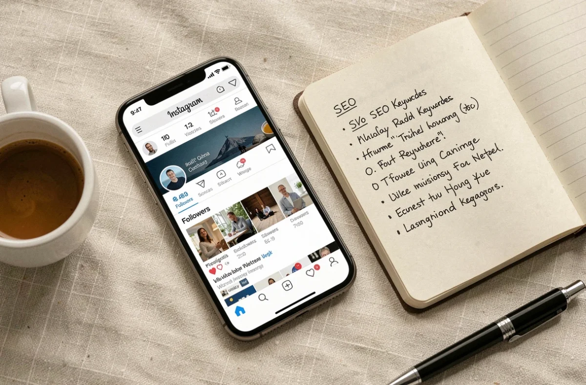 Vue de dessus d'un smartphone affichant un profil Instagram via un outil d'analyse web posé sur une surface en lin avec un carnet de notes SEO